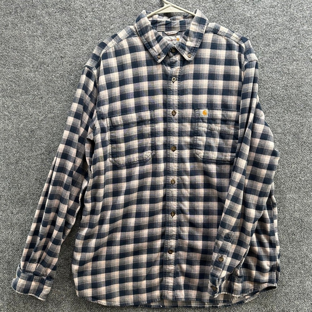 Carhartt Mens Relaxed Fit Plaid Flannel Shirt Navy Blue Cream 103314 412 Large